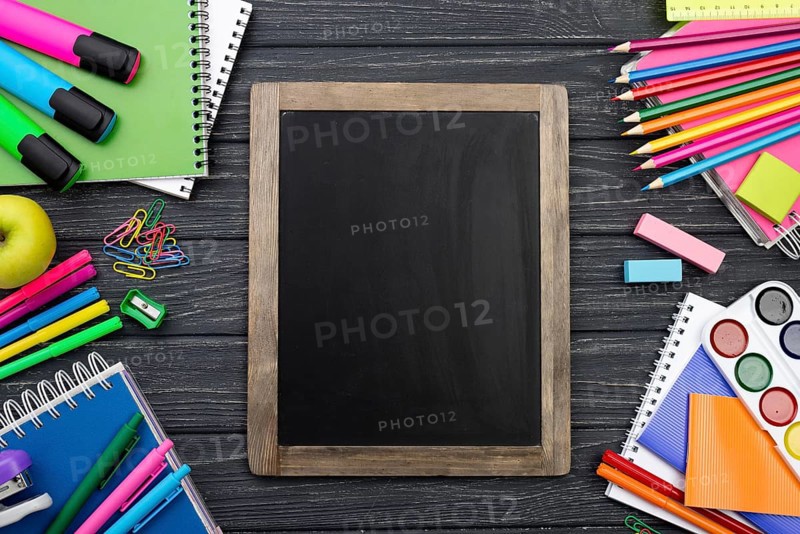 Top view back school stationery with colorful pencils blackboard