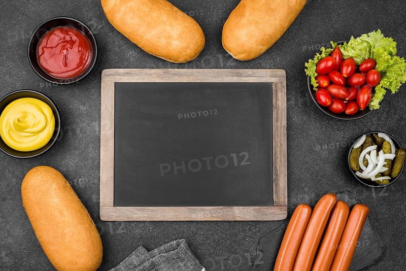 Top view food frame with blackboard