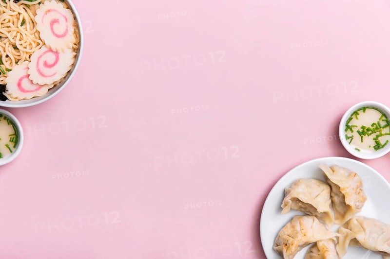 Top view ramen soup dumplings with copy space