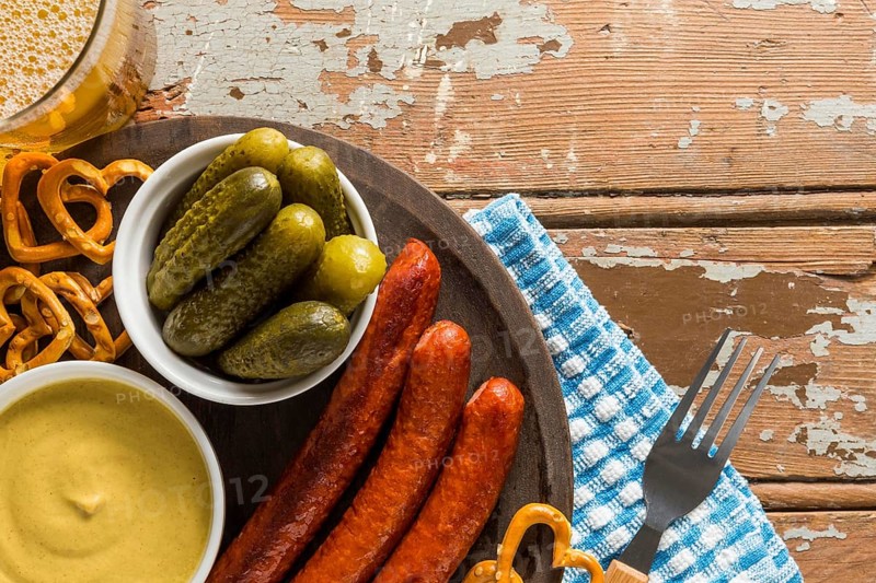 Top view sausages with beer sausages