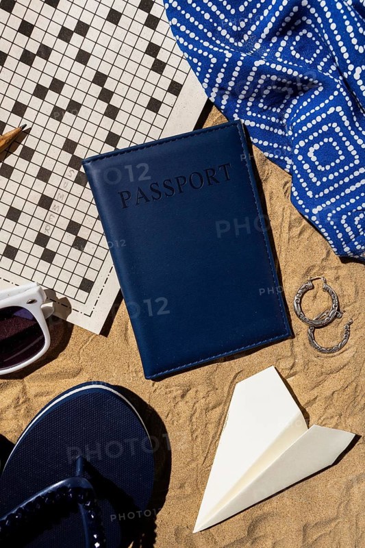 Top view travel concept with passport