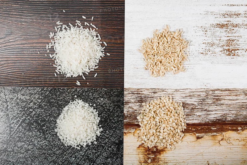 Vivid wooden background with variety rice
