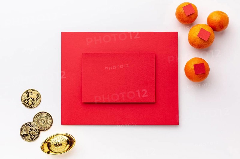 Card mock up with golden coins chinese new year