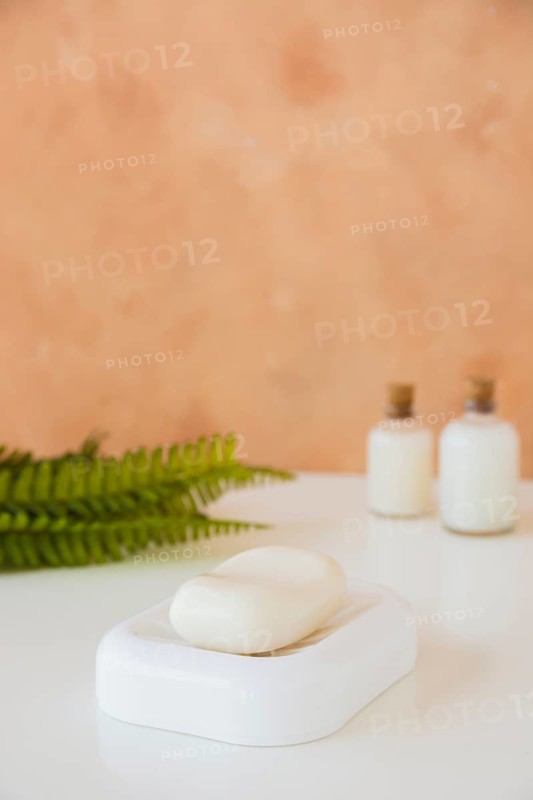 Close up soap bar soap dish with copy space