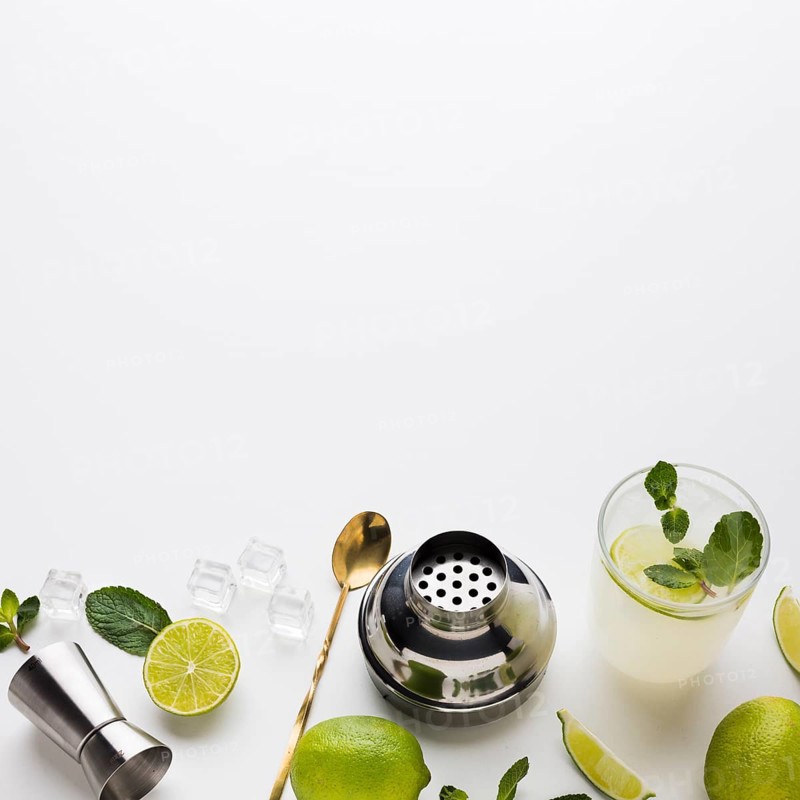High angle cocktail essentials with lime mint