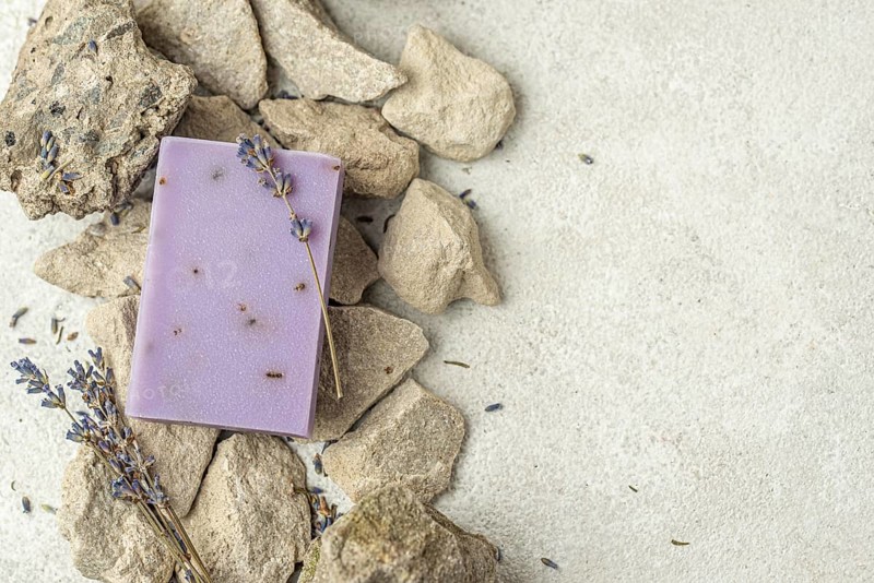Lavender soap rocks with copy space