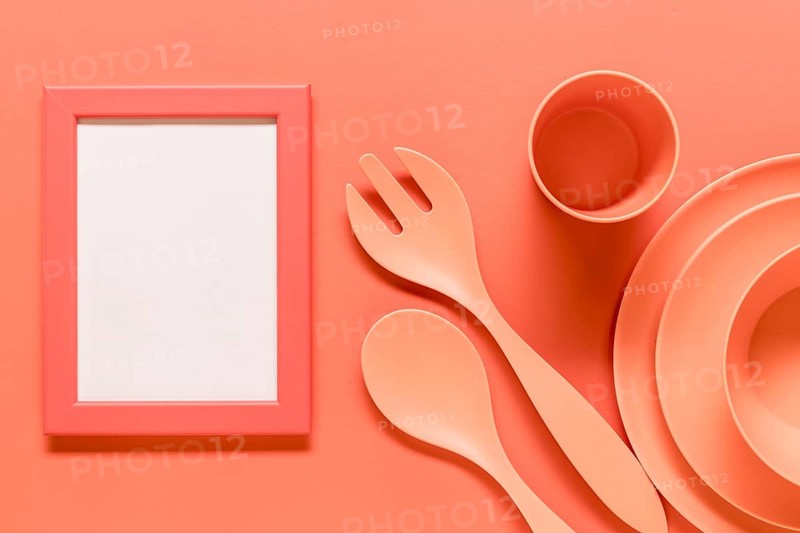 Pink composition with empty frame plastic dishes
