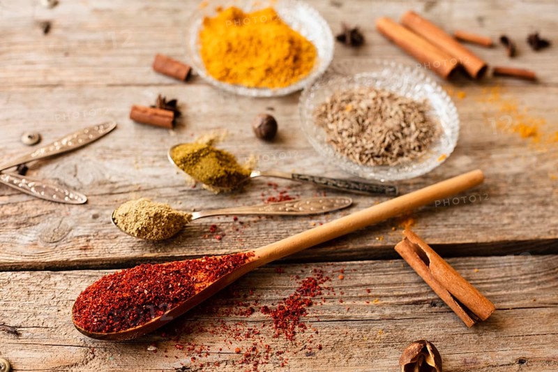 Spoons with various types spices