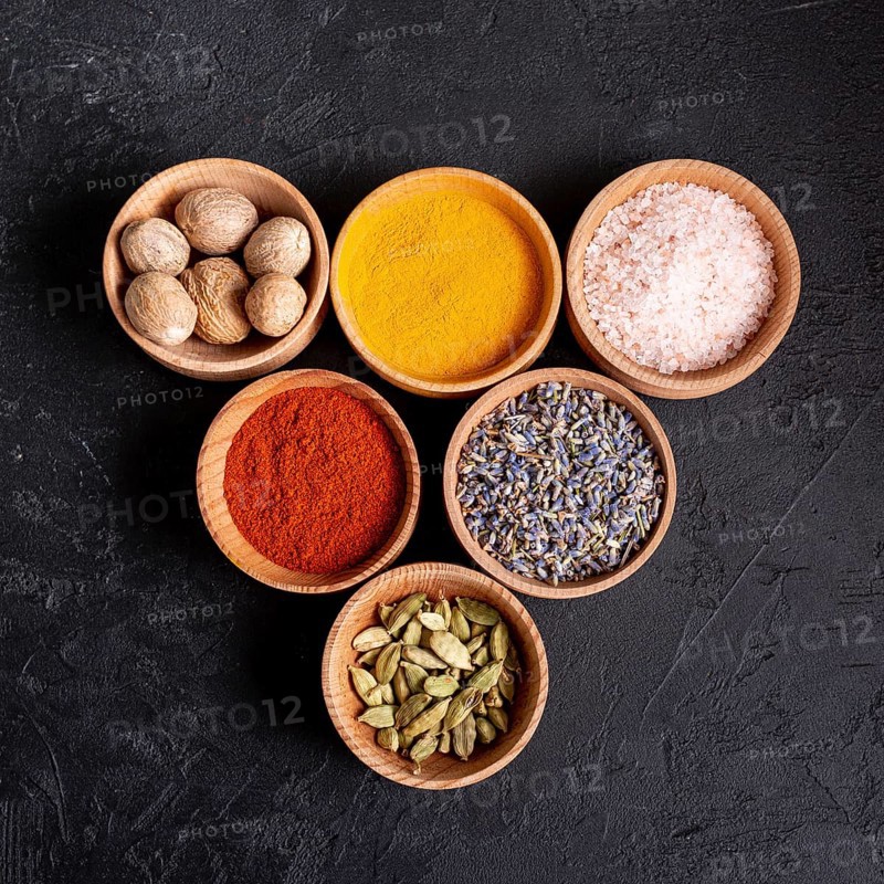 Top view bowls with assortment spices salt
