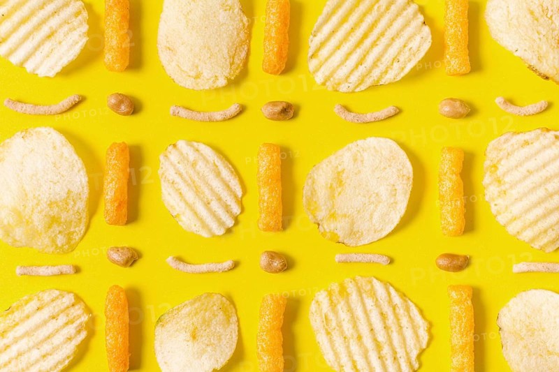 Flat lay potato chips cheesy puffs