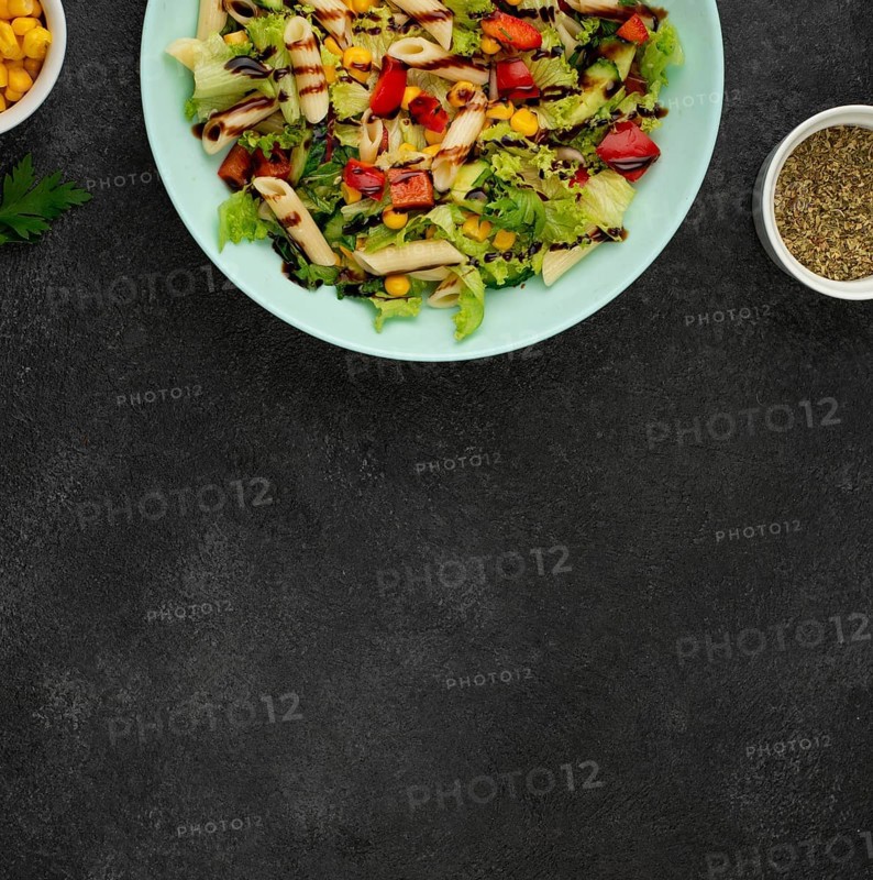Flat lay salad with chicken balsamic vinegar with copy space