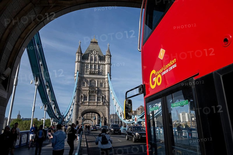 Double-decker crosses Tower Bridge in London