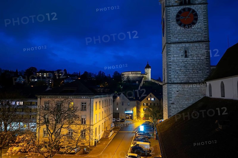 The Munot Castle and St. Johann Reformed Church in Dawn in Schaffhausen