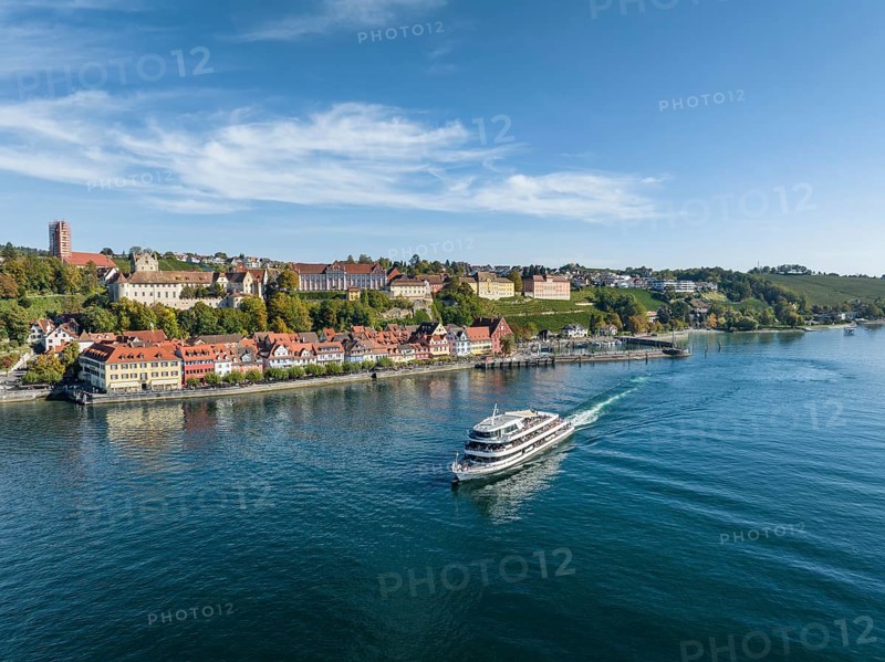 Aerial view of the town of Meersburg and the departing MS Ueberlingen of the Bodensee Schiffsbetriebe