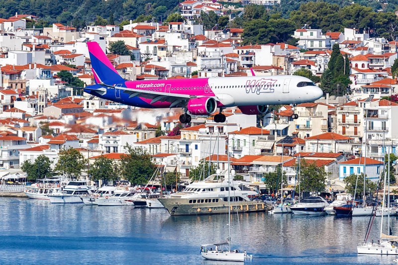A Wizzair Airbus A321neo aircraft with the registration 9H-WAB at Skiathos Airport