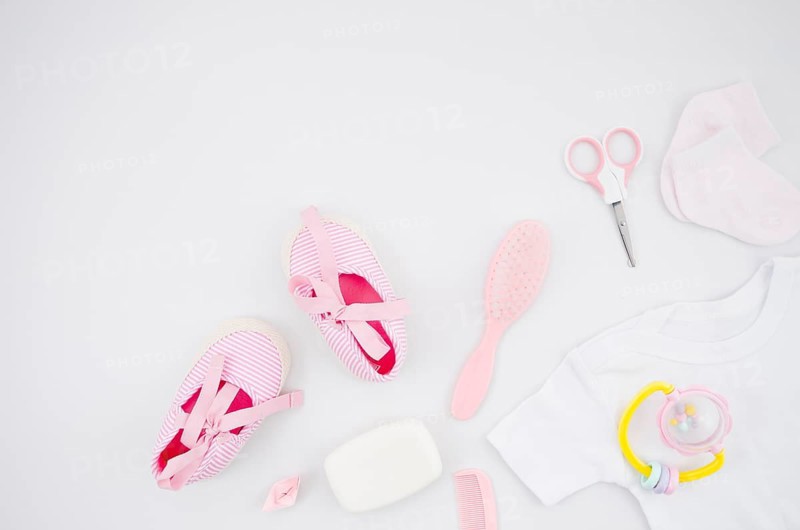Top view baby shoes with bath accessories