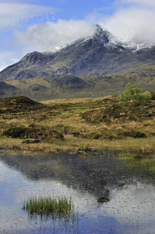Bog and Sgurr nan Gillean in the Cuillin Hills viewed from Sligachan on the Isle of Skye