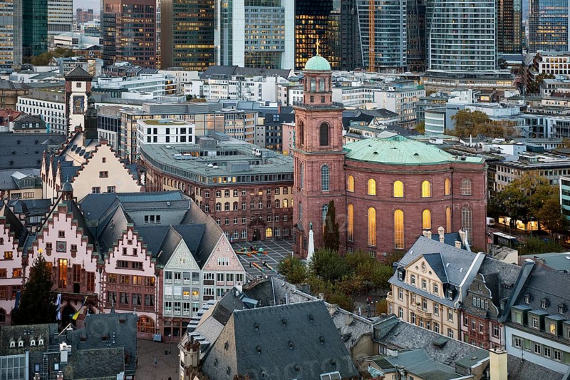 View of the historic city centre with St Paul's Church in front of the banking district