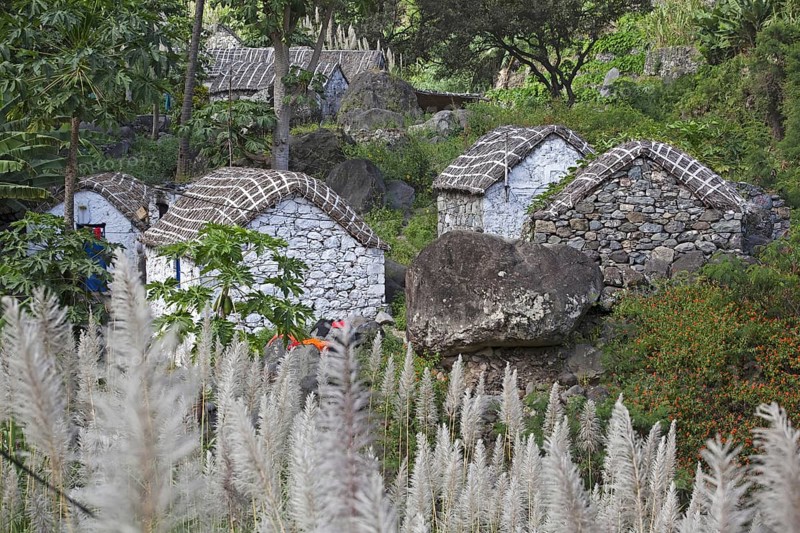 Rural village with stone huts in the Ribeira Grande Valley on the island Santo Antao