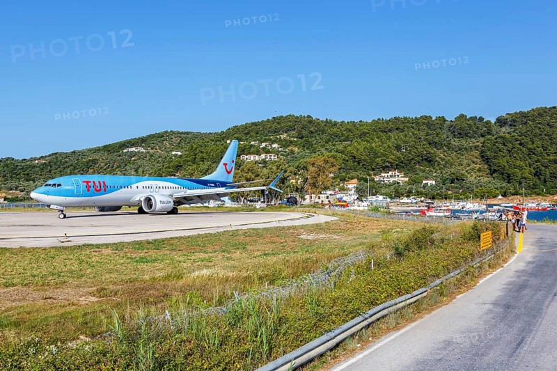 A TUI Boeing 737 MAX 8 aircraft with the registration G-TUMS at Skiathos Airport