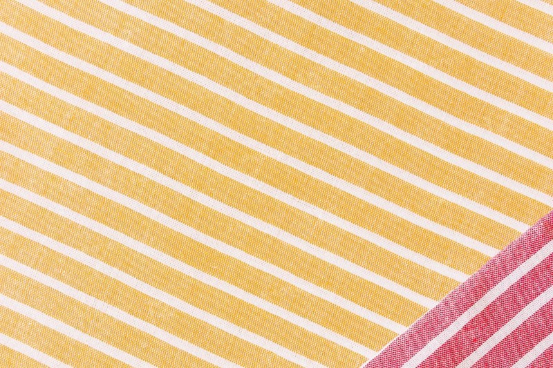 Red fabric yellow white stripes textile tablecloth