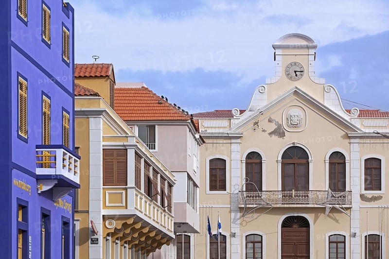 Colourful renovated colonial buildings and the town hall in the historic center of Mindelo on the island Sao Vicente