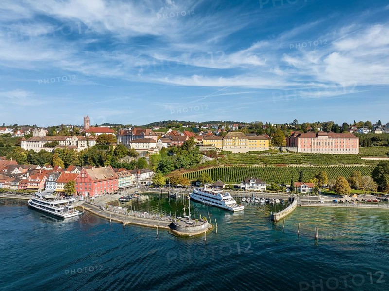 Aerial view of the town of Meersburg with the cruise ships MS Ueberlingen and MS Graf Zeppelin of the Lake Constance Schiffsbetriebe