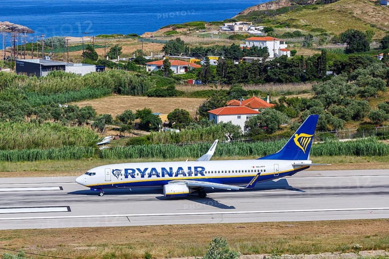 A Ryanair Boeing 737-800 aircraft with registration 9H-QEF at Skiathos Airport