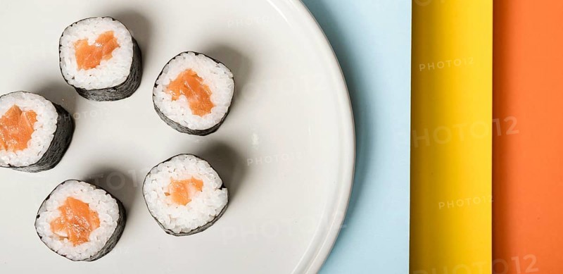 Minimalist plate with sushi rolls close up