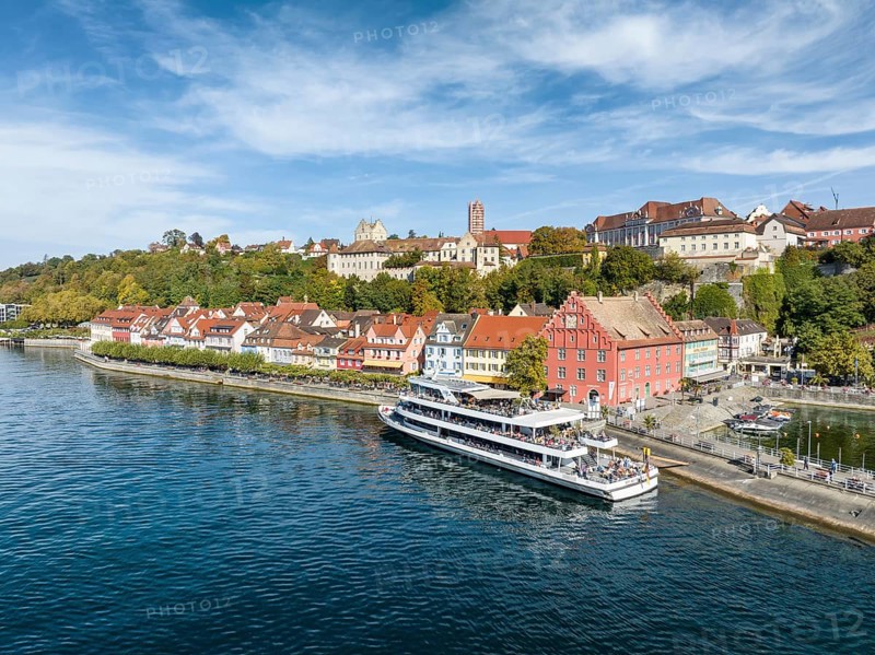 Aerial view of the town of Meersburg with the MS Ueberlingen scheduled boat of the Lake Constance Schiffsbetriebe