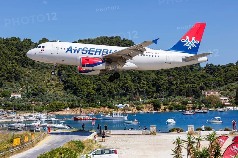 An Air Serbia Airbus A319 aircraft with the registration YU-APF at Skiathos Airport