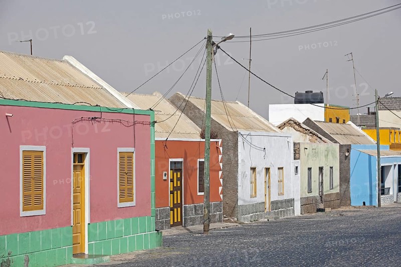 Street with colourful houses in the village Rabil on the island Boa Vista