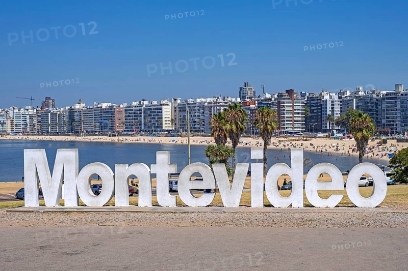 Montevideo sign on Playa de los Pocitos beach on the banks of the Rio de la Plata