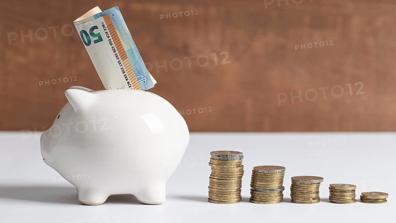 Side view piggy bank with coins banknotes
