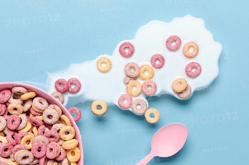Spilled milk cereals bowl top view