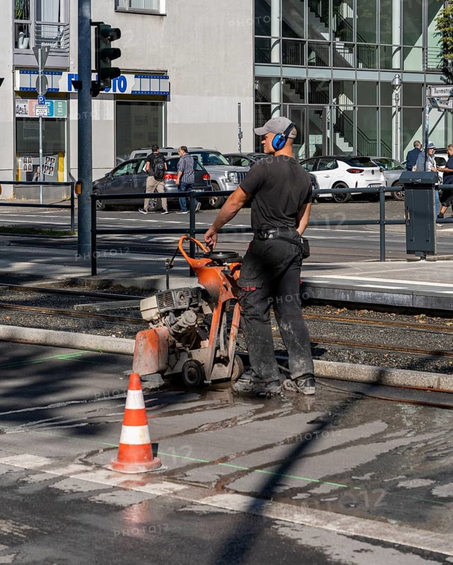 Road construction site next to a tram station