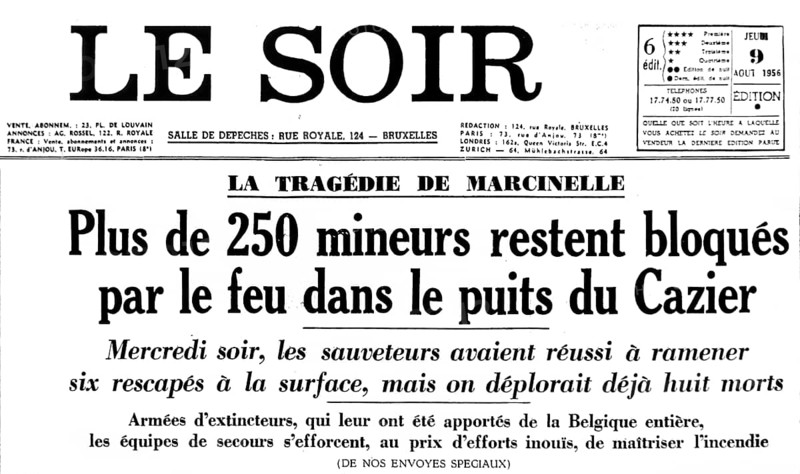 Headline about the Marcinelle mining disaster in Le Soir