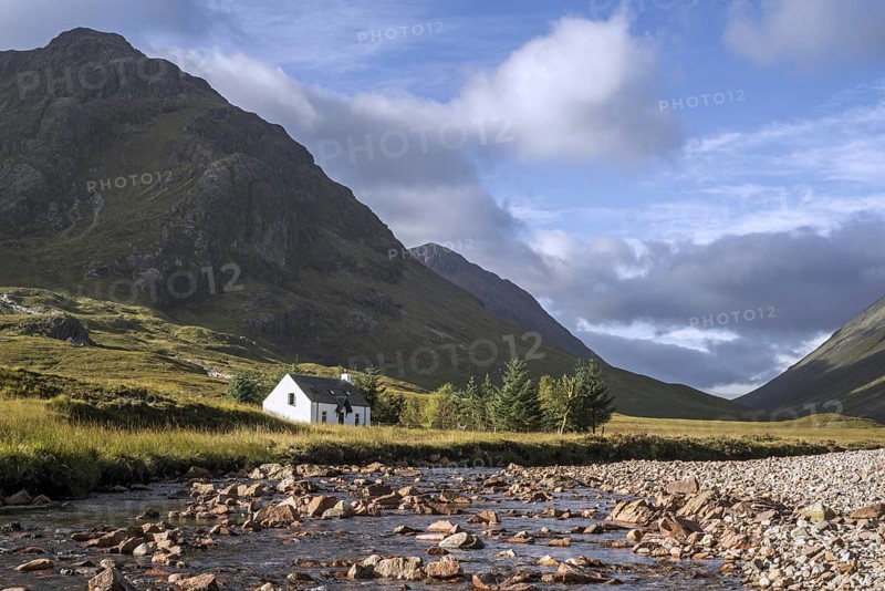 The remote Lagangarbh Hut along River Coupall in front of Buachaille Etive Mor in Glen Coe