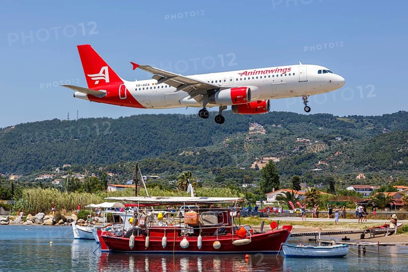 An Animawings Airbus A320 aircraft with the registration YR-AGA at Skiathos Airport