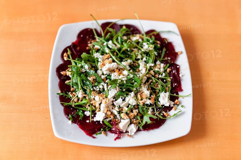 Beetroot carpaccio with feta cheese and rocket