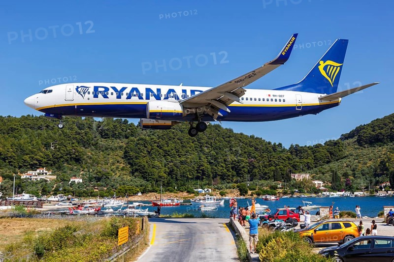 A Ryanair Boeing 737-800 aircraft with registration 9H-QEF at Skiathos Airport