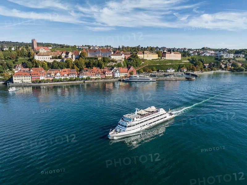 Aerial view of the town of Meersburg and the departing MS Graf Zeppelin of the Lake Constance Schiffsbetriebe