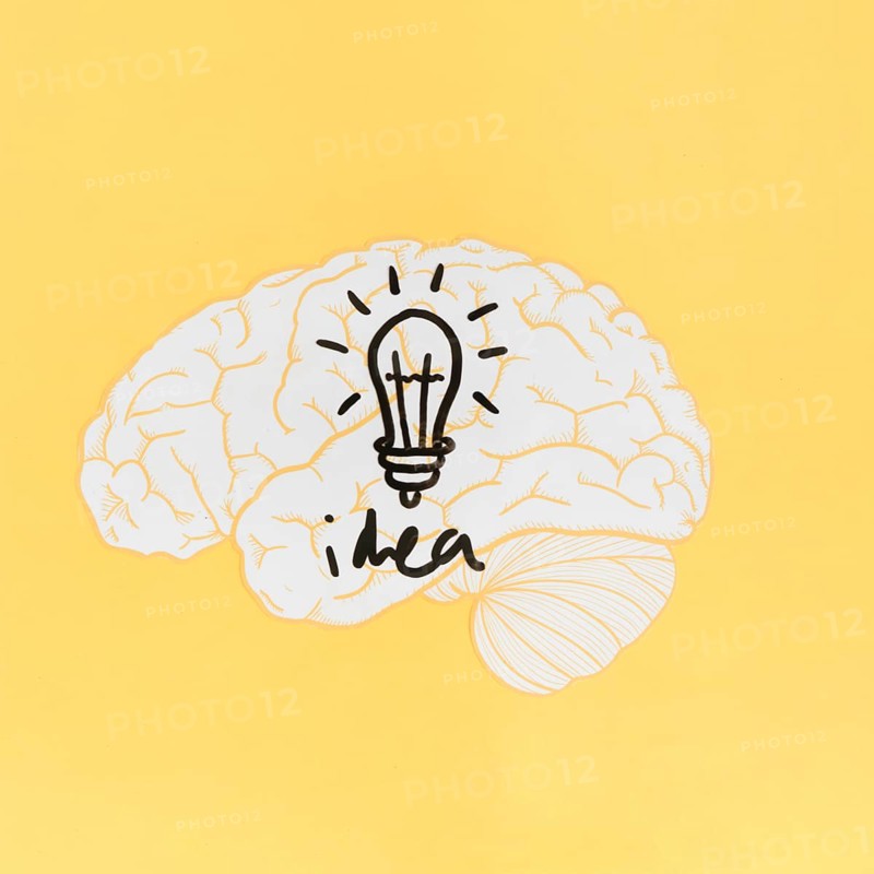 Idea word with light bulb inside brain yellow background