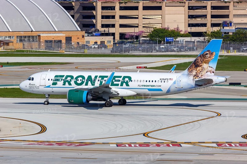 An Airbus A320neo aircraft of Frontier Airlines with the registration number N394FR at Chicago Airport