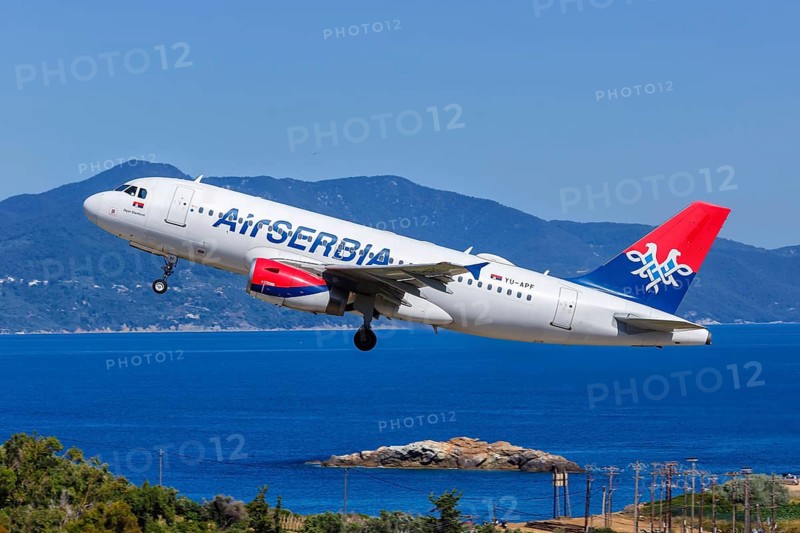An Air Serbia Airbus A319 aircraft with the registration YU-APF at Skiathos Airport