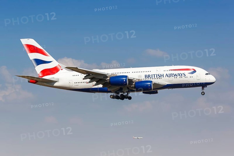 A British Airways Airbus A380-800 aircraft with the registration number G-XLEC at Dallas Fort Worth Airport