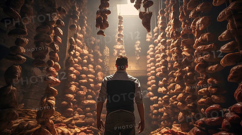 Young adult man standing amid A towering bountiful display of endless fresh breads