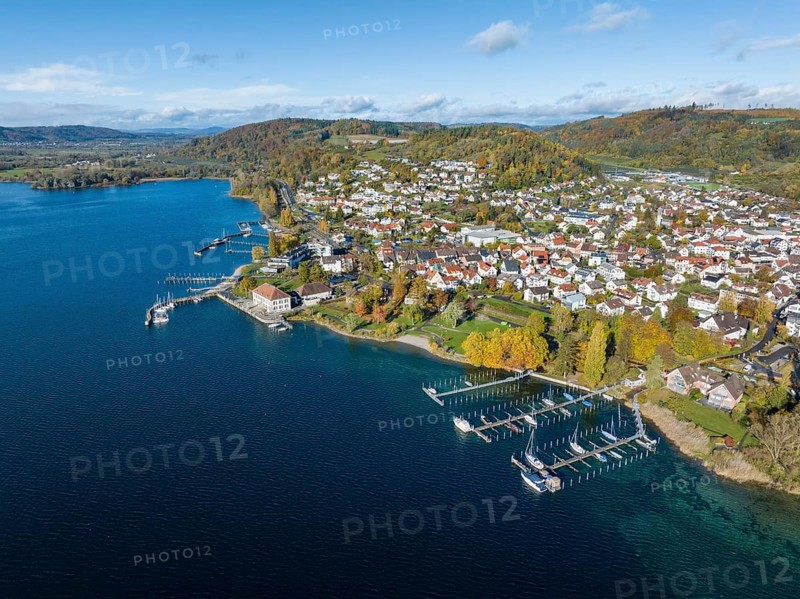 Aerial view of Lake Constance with the municipality of Bodman-Ludwigshafen with the marina and old customs house