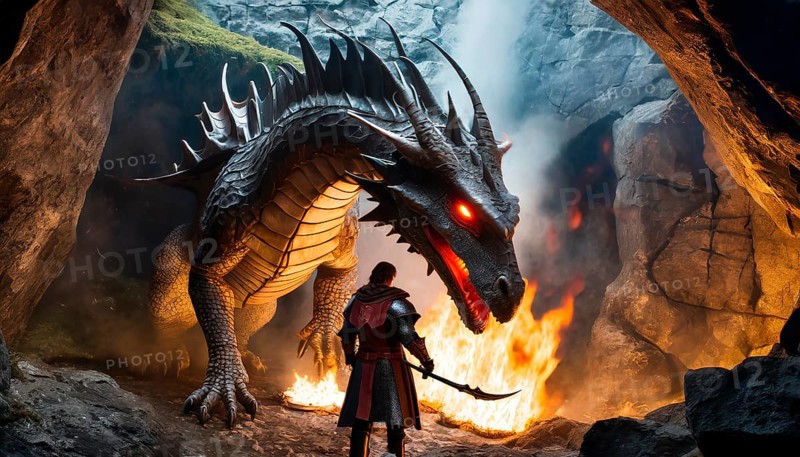 A fire-breathing dragon threatens a knight