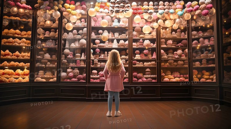 Young girl standing amid towering shelves of delicious pastries. generative AI